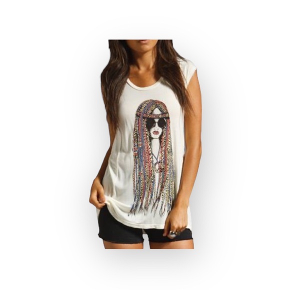 VHTF: Lauren Moshi โ๏ธ๏ธ Tess Color Foil Hippie Girl Swing Tee T Shirt โ๏ธ๏ธ White M - Picture 15 of 16